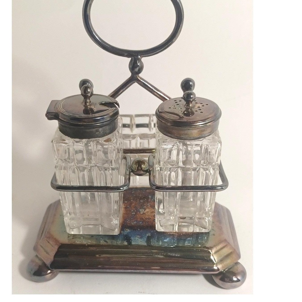 Vintage EPNS Silverplate 40s Cut Glass Condiment Set Salt Pepper Sugar Caddy - Picture 3 of 11